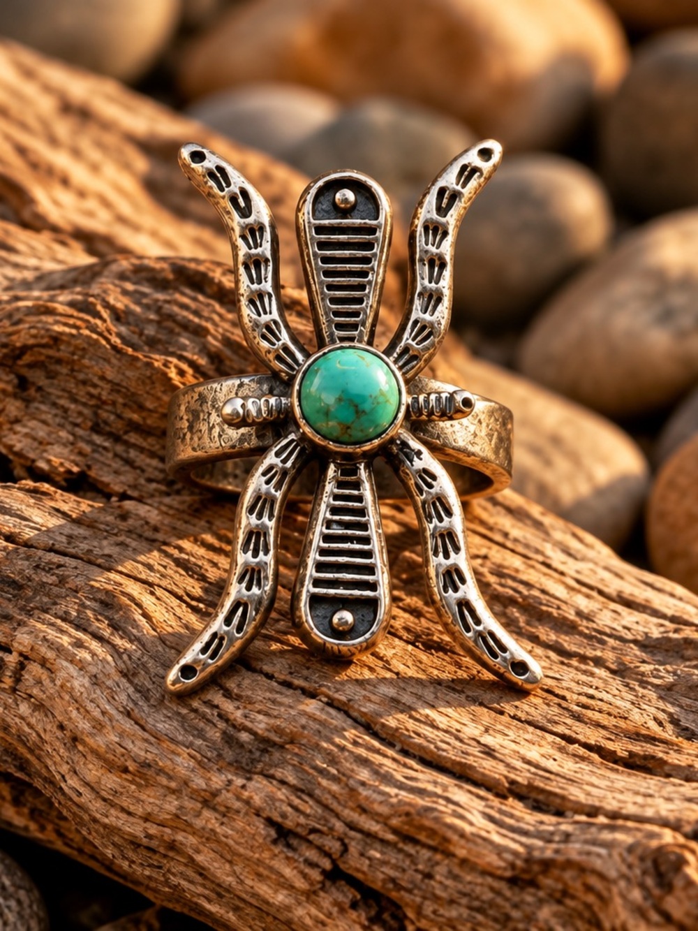 Size 8.5 Vintage Turquoise Dragonfly 925 Sterling Silver Ring